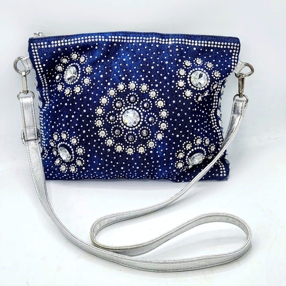 Denim Crystal Rhinestone Crossbody Bag With Metallic Weaving On Back - Picture 13 of 16